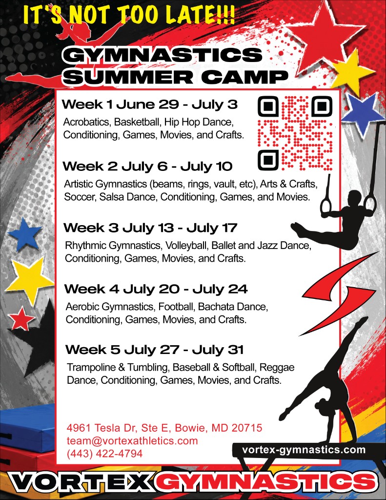 Vortex Gymnastics Summer Camp 2026 flyer — back with activity illustrations